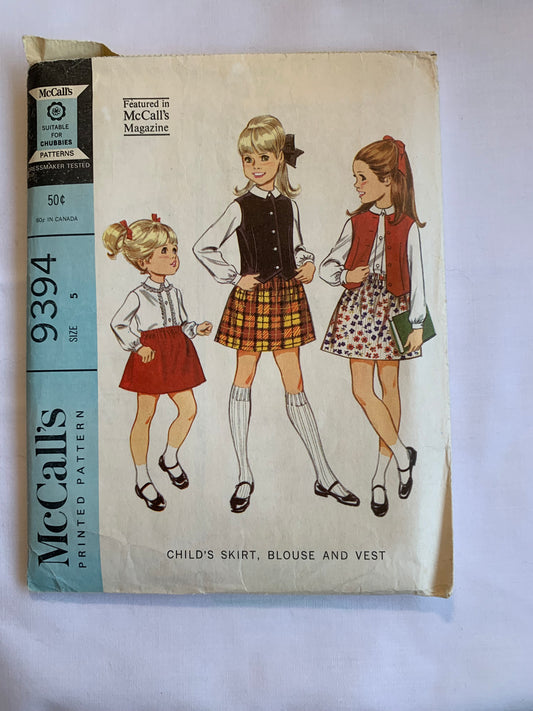 McCall's Sewing Pattern 9394 Girls' Skirt, Blouse, Vest, Button Front, Pull-On, Long Sleeves, Sleeveless, Elastic Waist, Size 5, Cut, Vintage 1968