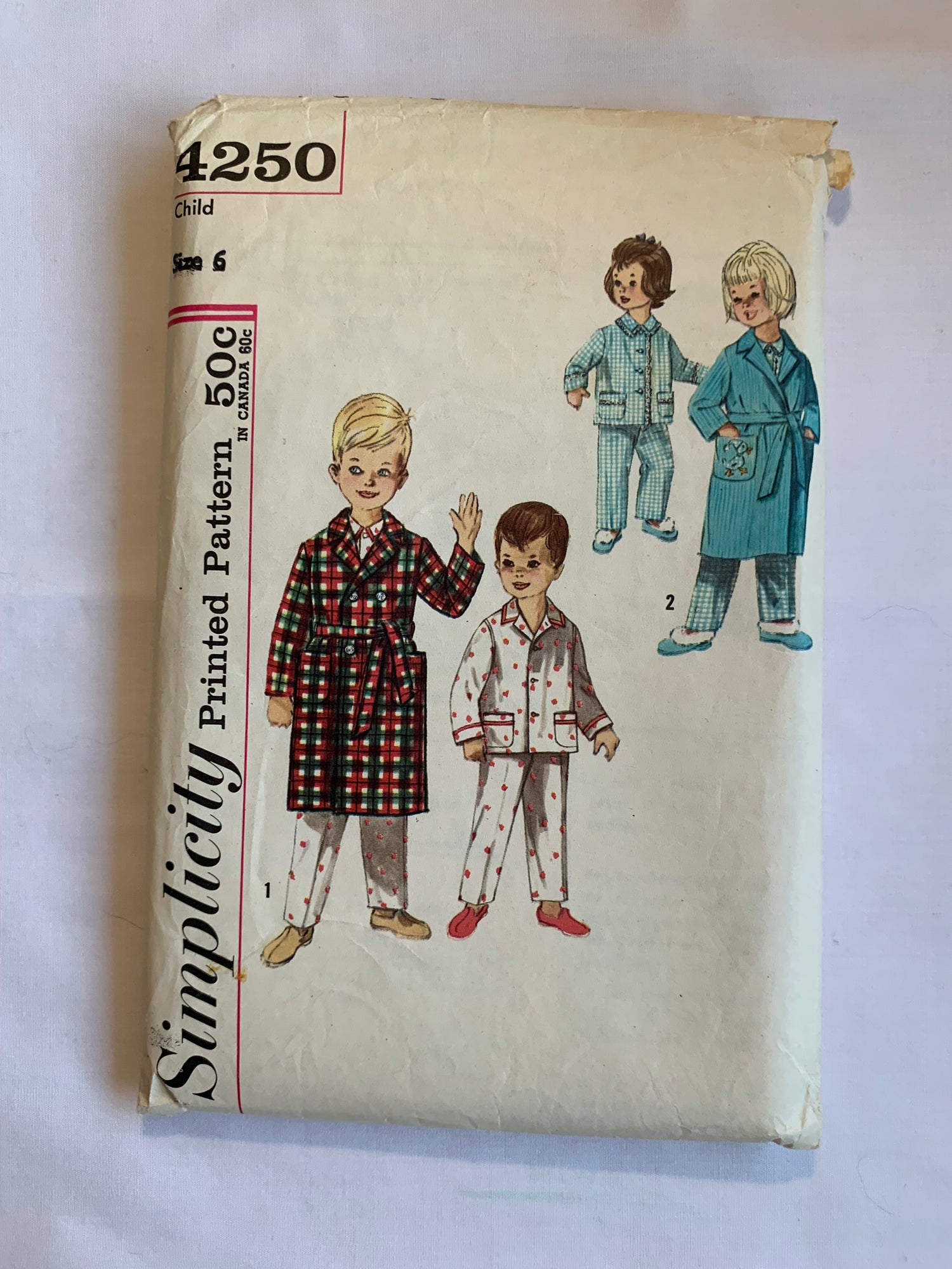 Simplicity Sewing Pattern 4250 Toddlers' Boy's, Girls' Pajamas, Robe, Top, Pants, Size 6, Cut, Vintage 1965