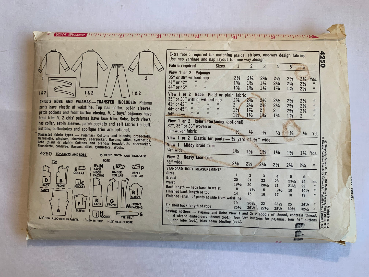 Simplicity Sewing Pattern 4250 Toddlers' Boy's, Girls' Pajamas, Robe, Top, Pants, Size 6, Cut, Vintage 1965