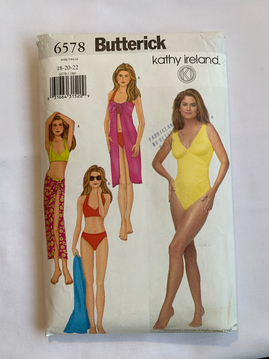 Butterick Sewing Pattern 6578 Misses' Top, Bikini Briefs, Bathing Suit, Pareo, Close-Fitting, Halter, Princess Seams, Size 18-22, Cut, 2000