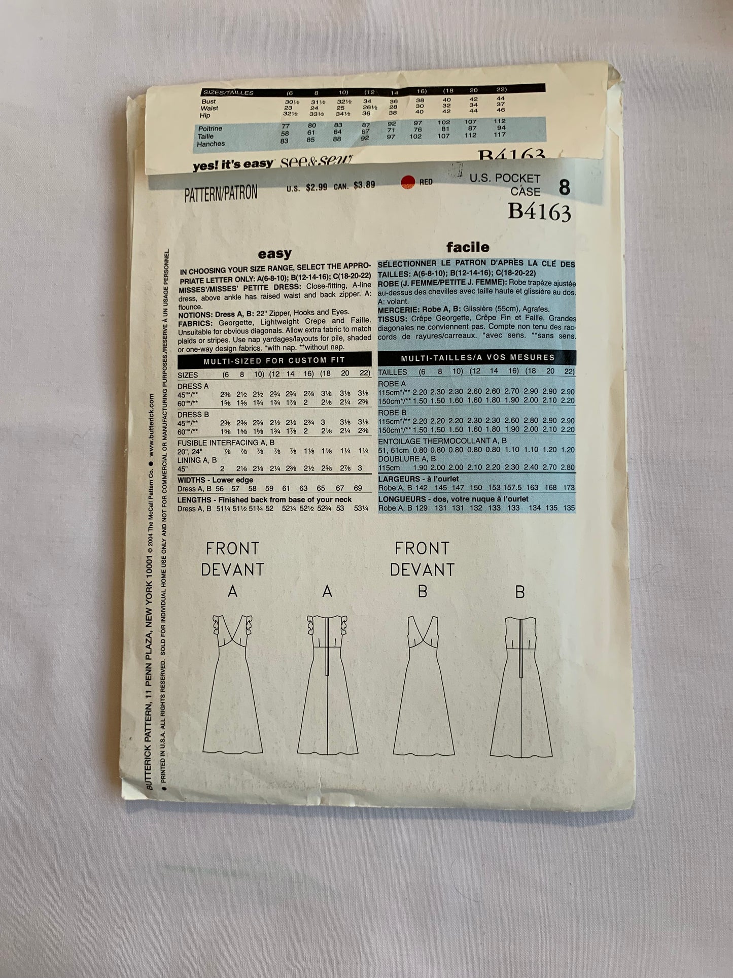Butterick Sewing Pattern See & Sew B4163 Misses'/Misses' Petite Dress, A-Line, Close-Fitting, Back Zipper, Raised Waist, Flounce, Sleeveless, Size 12-16, Cut, 2004