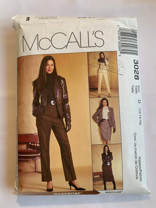 McCall's Sewing Pattern 3028 Misses'/Miss Petite Lined Jacket, Long Sleeves, Blouse, Skirt and Pants In Two Lengths, Size 12-16, Cut, 2000