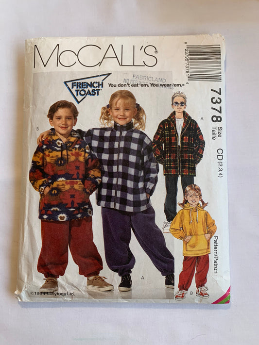 McCall's Sewing Pattern 7378, Children's/Boys'/Girls' Jacket, Top, Pull-On Pants, Loose-Fitting, Zipper Front, Elastic Waist, Size 2, Cut, Vintage 1994