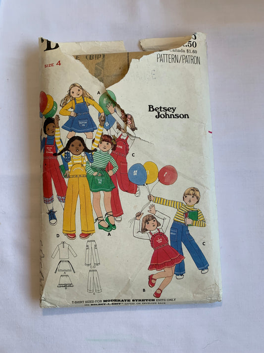 Butterick Sewing Pattern 4986 Betsey Johnson Children's Girls' Boy's Pants, Overalls, T-Shirt, Embroidery Transfers, Size 4, Cut, Vintage 1980