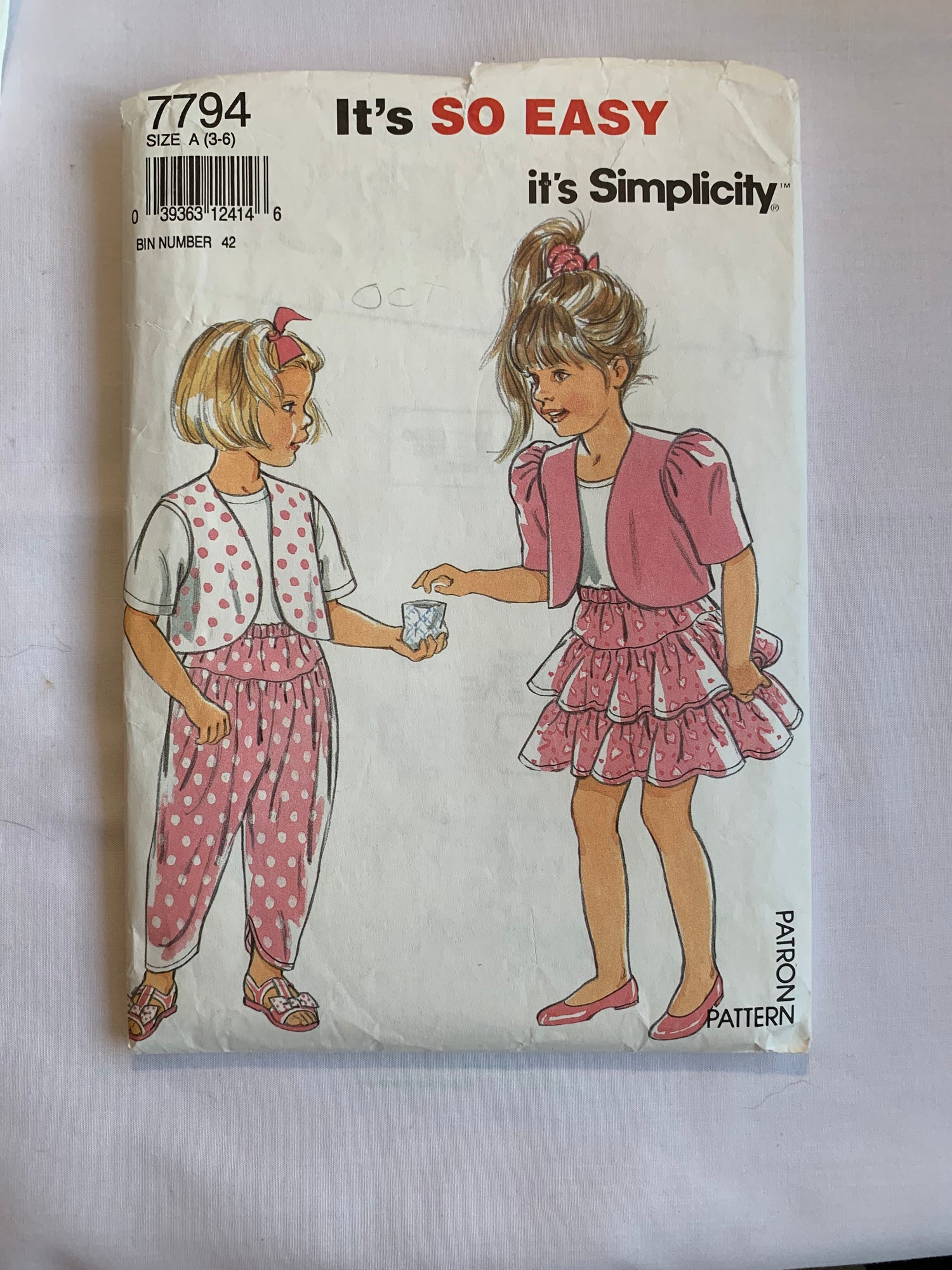 Simplicity Sewing Pattern 7794 Girls' Skirt, Zouave Pants, Jacket, Vest, Pull-On, Lined, Size 6, Cut, Vintage 1992