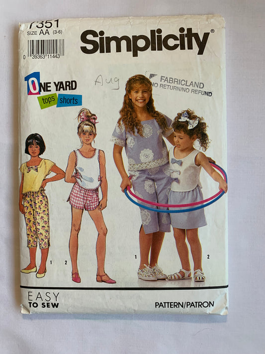 Simplicity Sewing Pattern 7351 Child's/Girls' Tops, Slim Skirt, Capri Pants, Shorts, Elastic Waist, Two Lengths, Sleeveless, Tops, Size 3-6, Cut, Vintage 1991