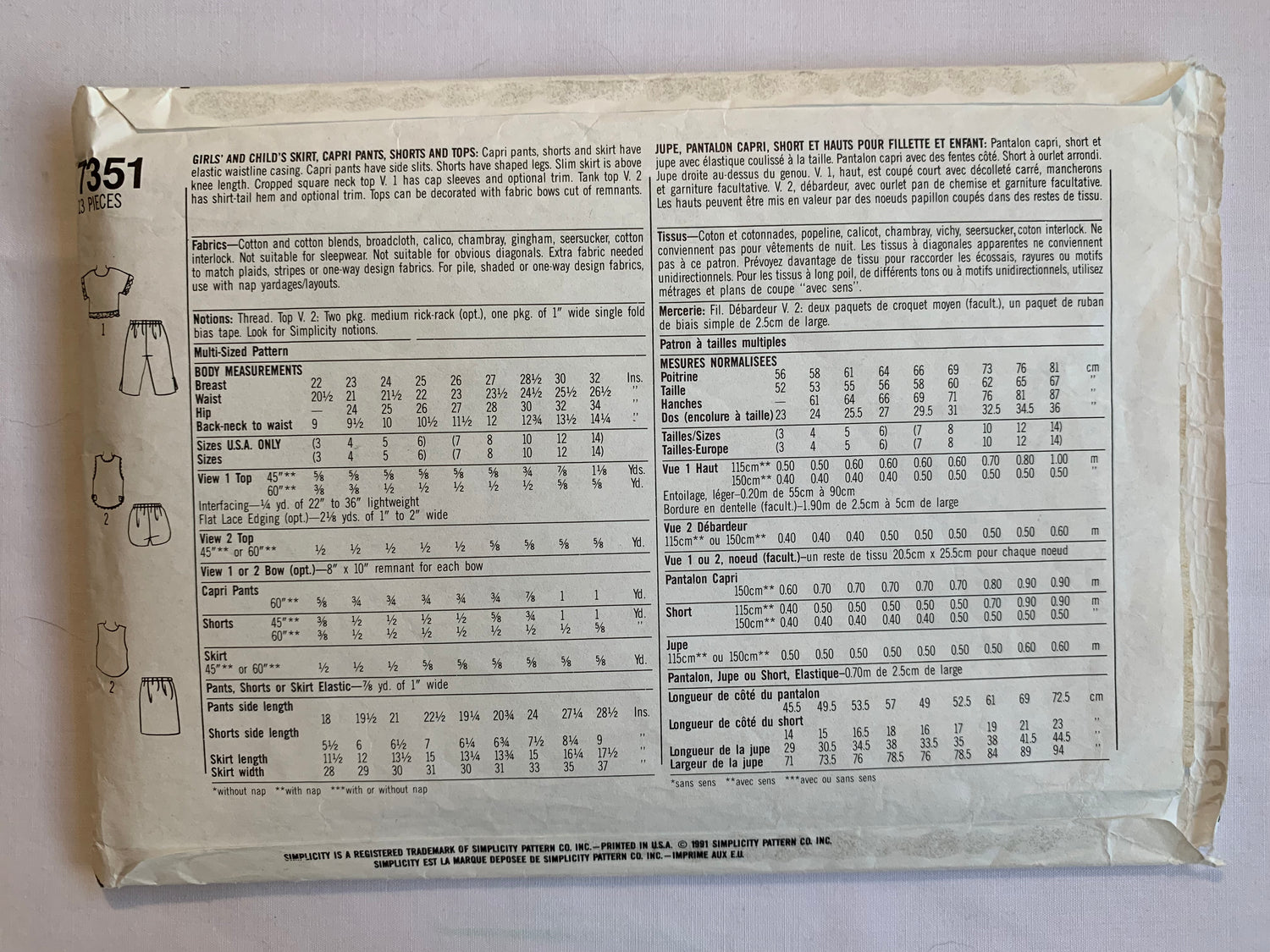 Simplicity Sewing Pattern 7351 Child's/Girls' Tops, Slim Skirt, Capri Pants, Shorts, Elastic Waist, Two Lengths, Sleeveless, Tops, Size 3-6, Cut, Vintage 1991