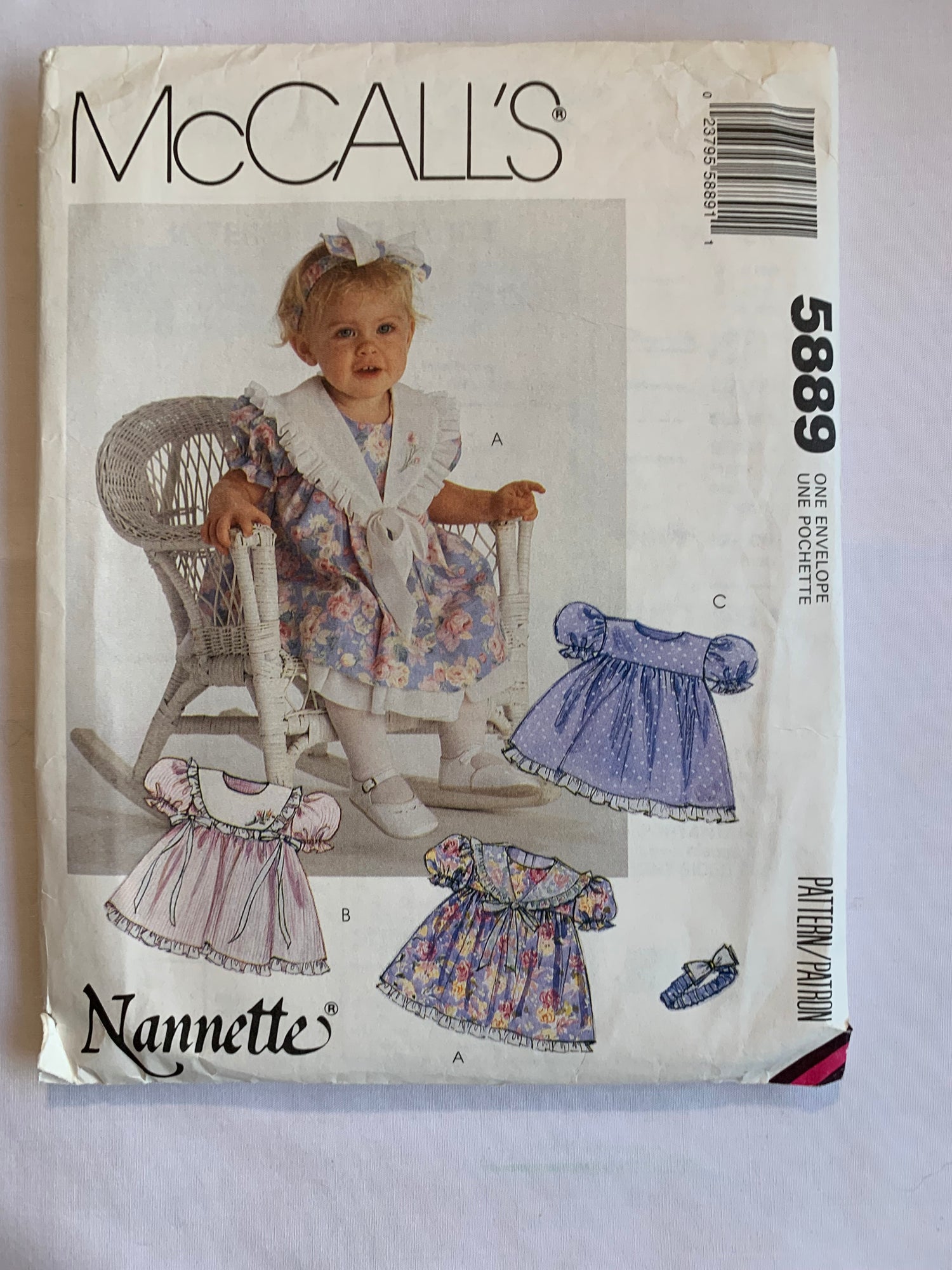 McCall's Sewing Pattern 5889 Infant/Girls' Dress, Headband, Pullover, Ruffles, Short Puffed Sleeves, Button Back, Size 13-24 Lbs, Cut, Vintage 1992