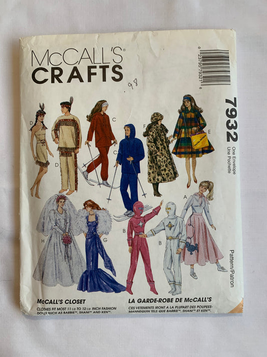 McCall's Sewing Pattern 7932 Crafts, Boys/Girls'/Doll Clothes, 11-12 Inch Doll, Dress, Bride, Pants, Cape, Top, Tote, Mask, Gloves, Evening Gown, Jacket, Costumes, Poodle Skirt, Cut, Vintage 1996