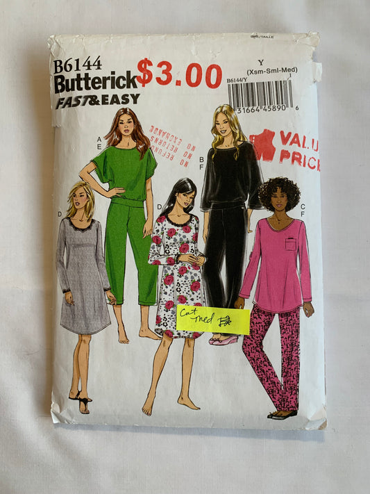 Butterick Sewing Pattern B6144 Misses' Pajamas, Top, Pockets, Pants, Nightgown, Long/Short Sleeves, Pullover, Pull-On, Size 4-14, Cut, 2014