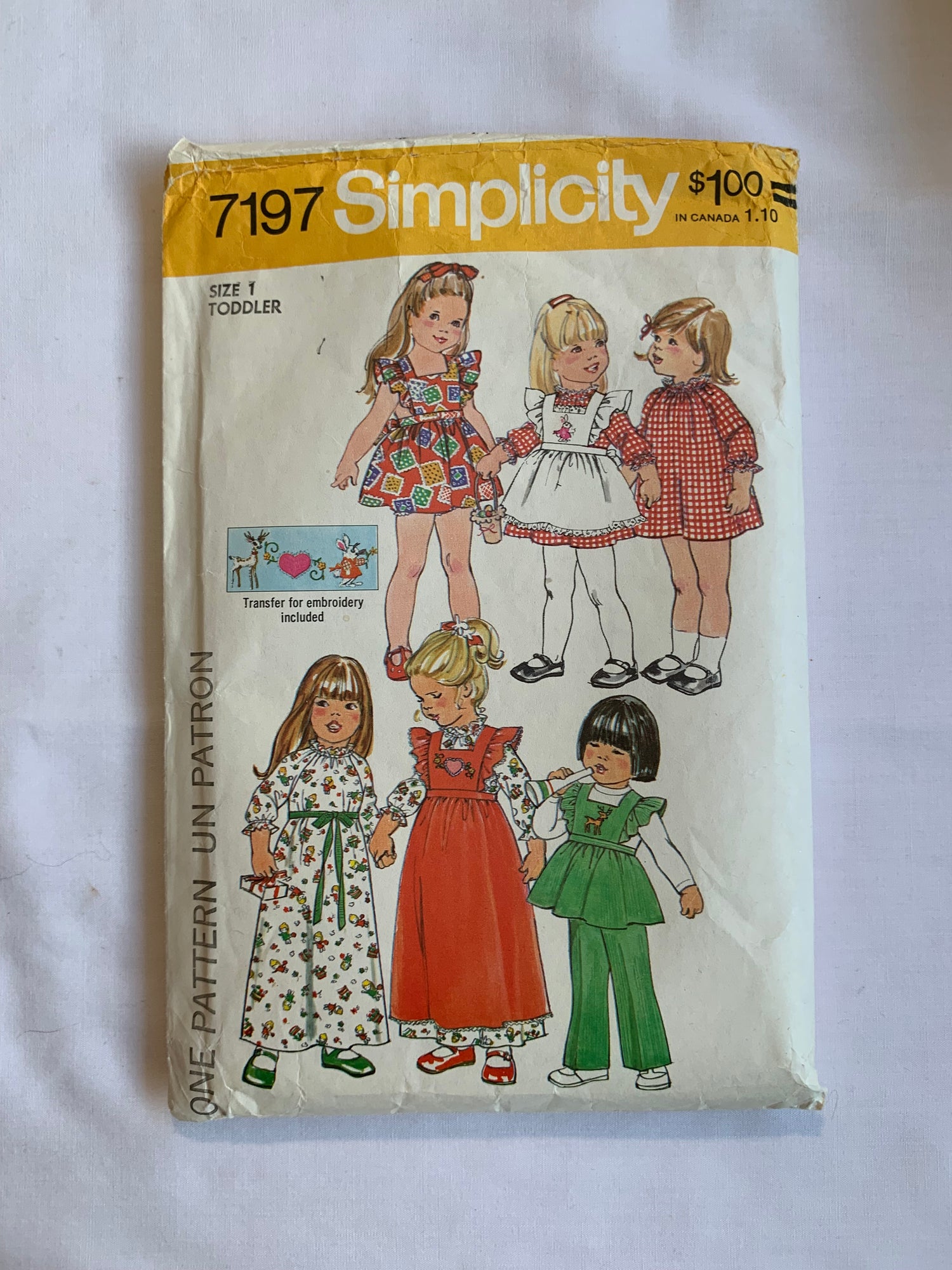 Simplicity Sewing Pattern 7197 Toddlers' Dress, Pinafore, Two Lengths, Pants, Tie Back, Button Back, Long/Short Sleeves, Size 1, Cut, Vintage 1975