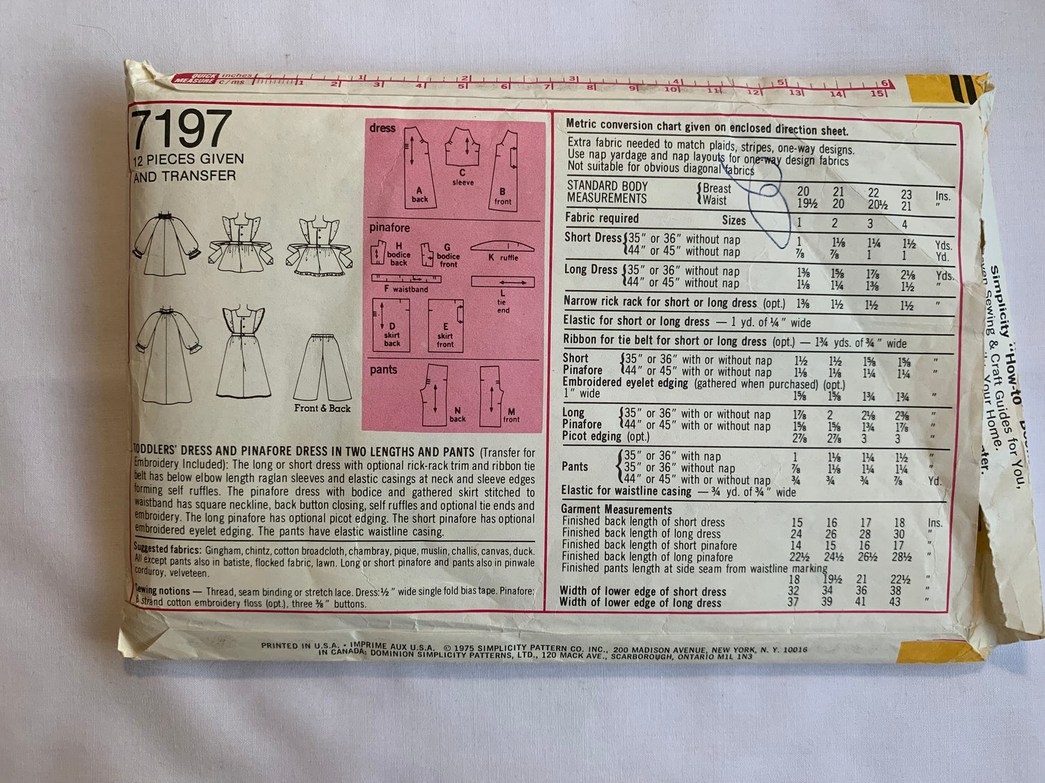 Simplicity Sewing Pattern 7197 Toddlers' Dress, Pinafore, Two Lengths, Pants, Tie Back, Button Back, Long/Short Sleeves, Size 1, Cut, Vintage 1975