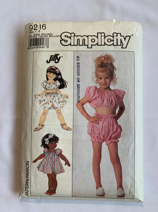 Simplicity Sewing Pattern 9216 Girls' Dress, Top, Shorts, Short Raglan Sleeves, Elastic Waist, Pullover, Middy, Pull-On, Size 3-16, Cut, Vintage 1989