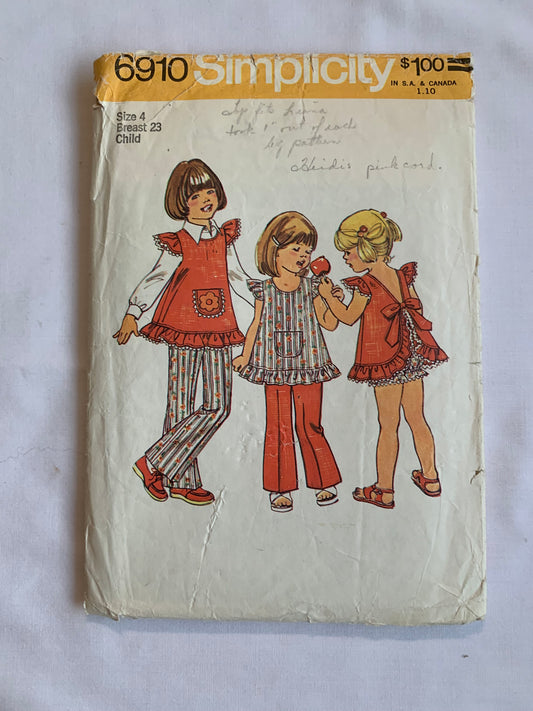 Simplicity Sewing Pattern 6910 Girls' Top, Panties, Pants, Pockets, Ruffle, Elastic Waist, Tie back, Cap Sleeves, Size 4. Cut, Vintage 1975