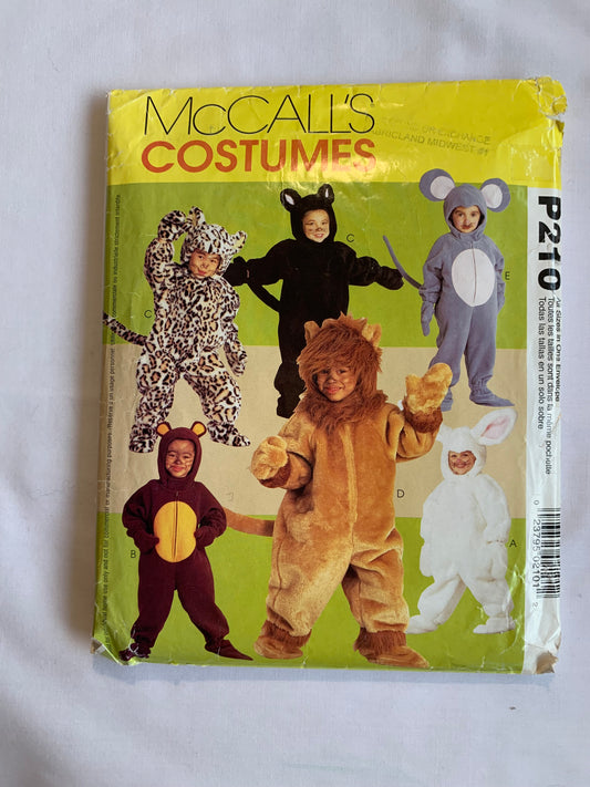 McCall's Sewing Pattern P210 Crafts Toddlers'/Boys'/Girls, Animal Costumes Halloween, Lion, Mouse, Bunny, Bear, Cat, Spats, Hood, Mittens, Size 2-3, Cut, 2000
