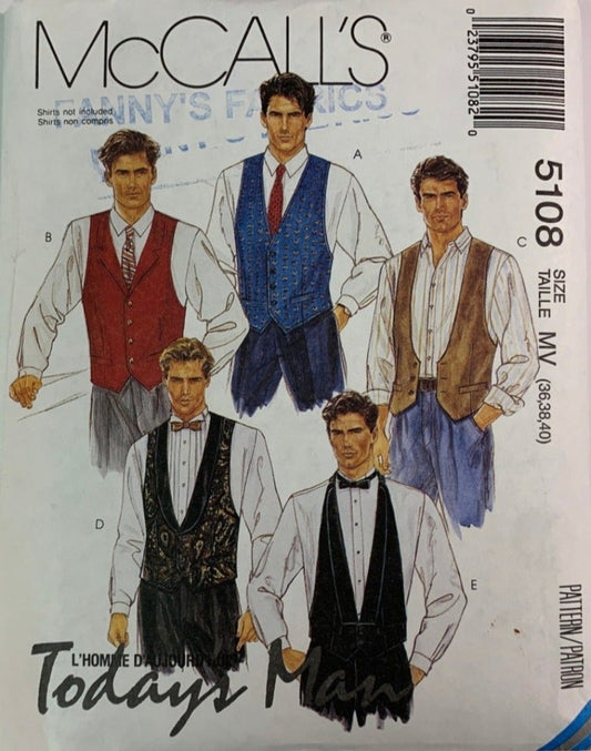 McCall's 5108, Men's Lined Vests, Necktie, Bow Tie, Size 36-40, Uncut