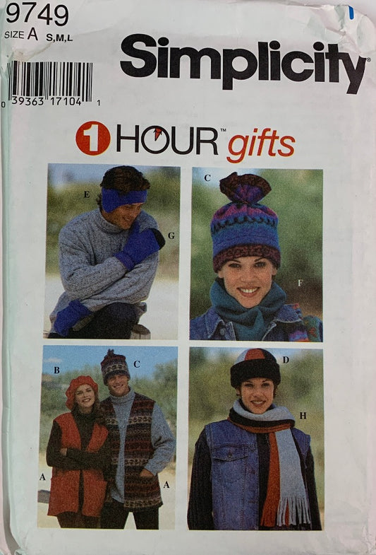 Simplicity 9749, Misses', Men's, Teens, Outerwear Accessories, Vest, Hat, Mittens, Scarf, Beret, Size 34-44, Uncut, Vintage 1996