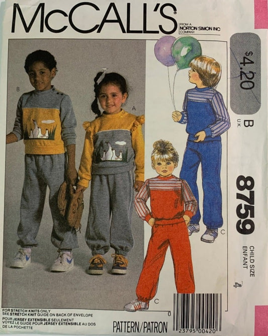 McCall's 8759, Children's Top, Pants, Blue Transfer, Size 4, Uncut