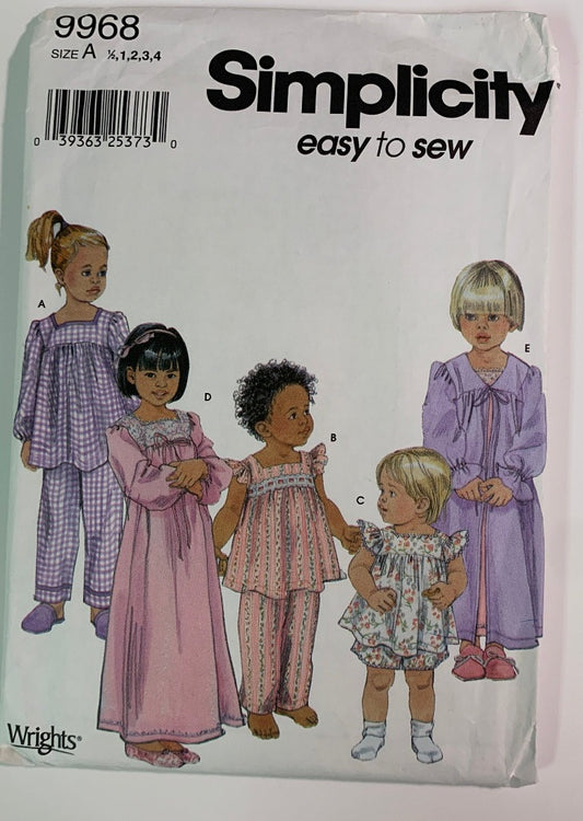 Simplicity 9968, Toddlers' Pajamas, Nightgown, Robe Size 1/2-4, Uncut, 2001