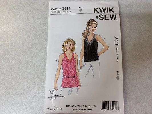 KWIK Sewing Pattern 3418 Misses' Tops, Pullover, V-Neckband, Gathered Front, Waistband, Sleeveless, Two Lengths, Tunic, Size XS-XL, Uncut, 2006