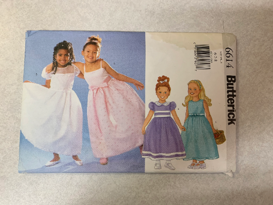 Butterick Sewing Pattern 6614 Children's/Girls Dress, Fitted, Dirndl Skirt, Zipper, Short Sleeves, Lined, Shoulder Straps, Size 6-8, Uncut, 2000