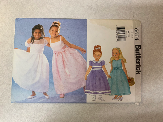 Butterick Sewing Pattern 6614 Children's/Girls Dress, Fitted, Dirndl Skirt, Zipper, Short Sleeves, Lined, Shoulder Straps, Size 6-8, Uncut, 2000
