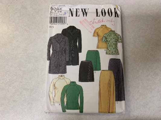 Simplicity New Look Sewing Pattern 6785 Misses' Dress, Skirt, Top, Coat, Belt, Zipper, Short/Long Sleeves, Collar, Two Lengths, Size 8-12, Cut, Vintage 1999