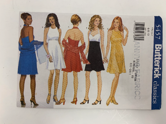 Butterick Sewing Pattern 5457 Misses' Halter Dress, Scarf, Fitted, Zipper, Shoulder Straps, Lined, Above Knee, A-Line, Size 6-10, Uncut, Vintage 1998