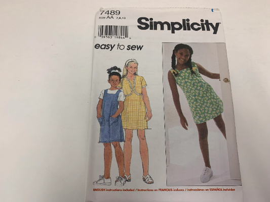 Simplicity Sewing Pattern 7489 Girls' Dresses, Jumper, Jacket, Sleeveless, Zipper, Short Sleeves, Pockets, Two Lengths, Size 7-10, Uncut, Vintage 1997