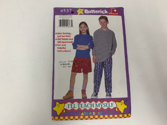Butterick Sewing Pattern 4537 Girls'/Boys' Shorts, Pants, Tapered, Elastic Waist, Pull-On, Pockets, Size 7-14, , Uncut, Vintage 1997