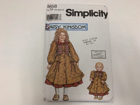 Simplicity Sewing Pattern 9858 Girls' Dress, Vest, Doll Dress, 18" Doll, Full Skirt, Button Front, Puffed Long Sleeves, Size 7-14, Uncut, 2001