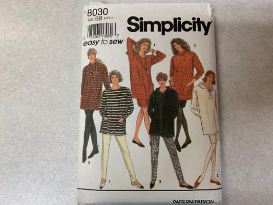 Simplicity Sewing Pattern 8030 Misses' Pants, Skirt, Tunic, Elastic Waistline, Stirrups, Oversized, Long Sleeves, Size 6-24, Uncut, Vintage 1992