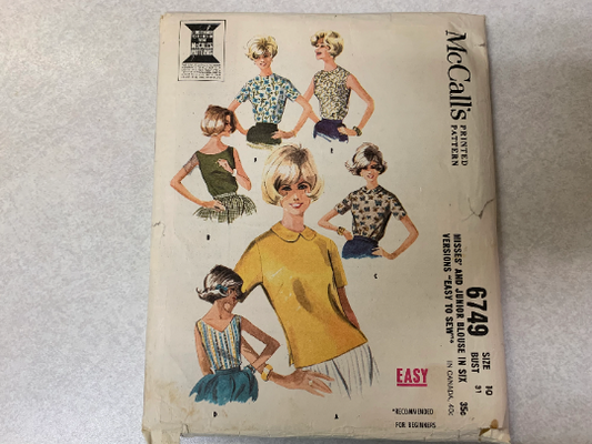 McCall's Sewing Pattern 6749 Misses' Junior Blouse, Six Variations, Sleeveless, Short Sleeves, Zipper Back, Size 10, Cut, Vintage 1963