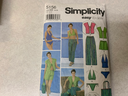 Simplicity Sewing Pattern 5156 Misses' Cropped Pants, Shorts, Cover-Up, Bag, Swimsuits, Bikini, Two Piece, Elastic Waist, Size 8-18, Uncut, 2004