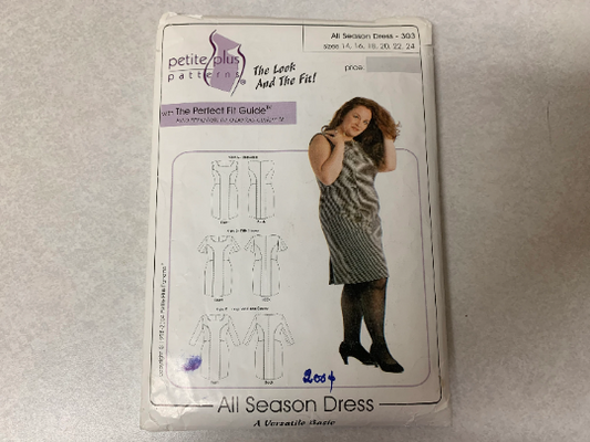 Petite Plus All Season Dress Sewing Pattern 303, Misses Dress, Ladies, Women's, Sleeveless, Long/Short Sleeves, Size 14-24, Knee Length, Uncut, Vintage 1998