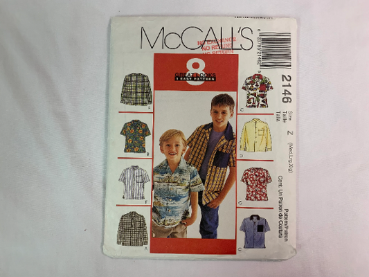 McCall's Sewing Pattern 2146 Children's/Boys' Shirt, Front Button, Long/Short Sleeves, Pockets, Slits, Collar, Collarless, Size 7-16, Cut, Vintage 1999