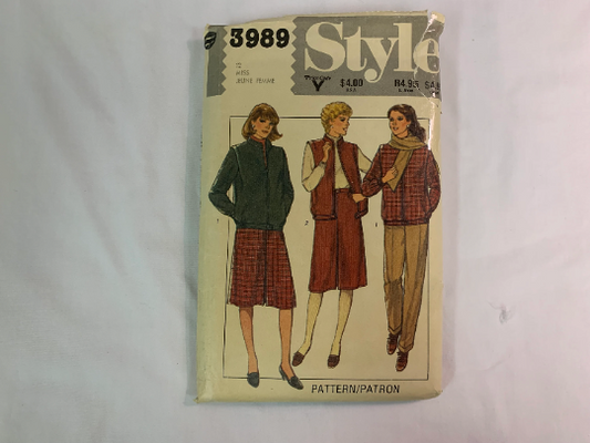 Style Sewing Pattern 3989 Misses' Lined Jacket, Vest, Pants, Scarf, Skirt, Front Zipper, Collar, Pockets, Cuffs, Size 12, Cut, Vintage 1983