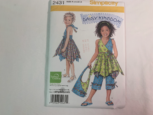 Simplicity Sewing Pattern 2431 Daisy Kingdom Girls' Tops, Capri Pants, Dress, Shoulder Bag, Elastic Waist, Pull-On, Halter Top, Size 3-8, Uncut 2010