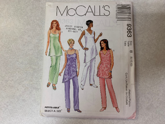 McCall's Sewing Pattern 9363 Misses' Tunics, Pull-On Pants, Two Lengths, Darts, Sleeveless, Spaghetti Straps, Pockets, Size 8-12, Uncut, Vintage 1998