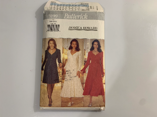 Butterick Sewing Pattern Jessica Howard 3199 Misses' Dress, Loose-Fitting, Flared, Pullover, Two Lengths, Shoulder Pads, Long Sleeves, Size 6-12, Cut, Vintage 1993