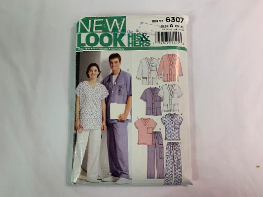Simplicity New Look Sewing Pattern 6307 Medical Hospital Scrubs, Top, Shirt, Pants, Jacket, Pockets, Front Button, Tie Waist, V-Neckline, Size 30-32, Cut, 2003