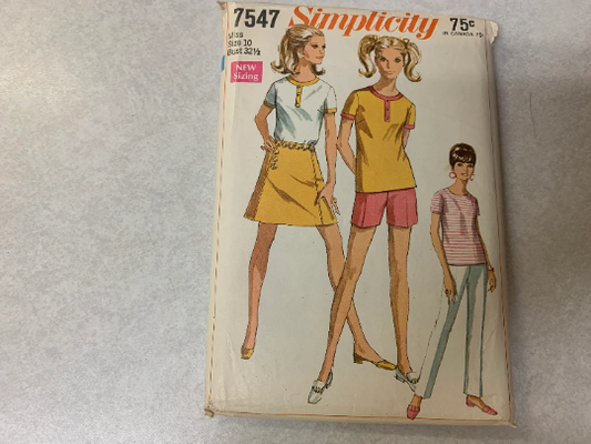 Simplicity Sewing Pattern 7547 Misses', Teens, Pants, Shorts, Blouse, Mini-Skirt, Zipper, Short Sleeves, Straight, Size 10, Cut, Vintage 1968