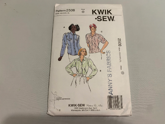 KWIK Sewing Pattern 2508 Misses' Blouses, Princess Line, Collar, Long/Short Sleeves, Cuffs, Button Front, Size XS-XL, Shirt, Top, Uncut, Vintage 1996
