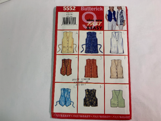 Butterick Sewing Pattern 5552 Misses'/Misses' Petite Unlined Vest, Semi-Fitted, Pockets, Two Lengths, Side Slits, Sleeveless, Button Front, Size 6-10 Uncut, Vintage 1998