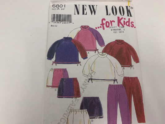Simplicity New Look Sewing Pattern 6801 Girls' Tops, Sweatshirt, Skirt, Zipper, Loose-Fitting, Elastic Waist, Pull-On, Size 2-7, Uncut, Vintage 1999