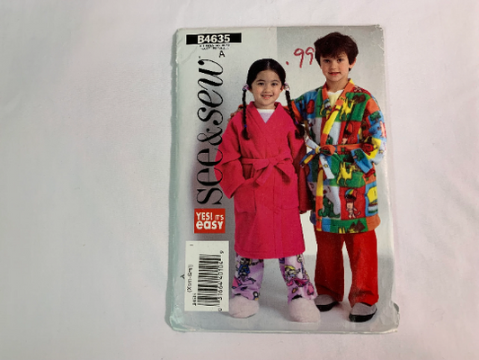 Butterick Sewing Pattern B4635 Children's/Boys'/Girls' Robe, Belt, Top, Pants, Loose-Fitting, Wrap, Dropped Shoulders, Pockets, Size 3-6, Uncut, 2005
