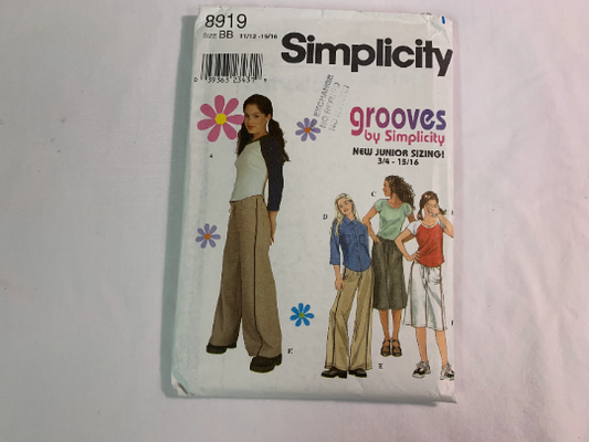 Simplicity Sewing Pattern 8919 Junior Girls' Knit Tops, Pants, Shirt, Pullover, Long/Short Raglan Sleeves, Pockets, Size 11-16, Cut, Vintage 1999