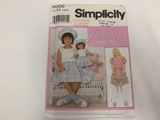Simplicity Sewing Pattern 8066 Girls' Dress Hat, Doll Dress 18", Button Back, Short Puff Sleeves, Full Skirt, 2 Variations, Size 3-6, Uncut, Vintage 1998