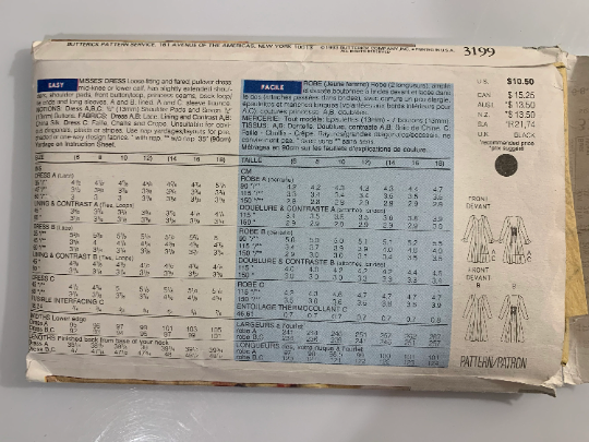 Butterick Sewing Pattern Jessica Howard 3199 Misses' Dress, Loose-Fitting, Flared, Pullover, Two Lengths, Shoulder Pads, Long Sleeves, Size 6-12, Cut, Vintage 1993