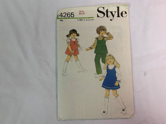 Style Sewing Pattern 4265 Girls' Pinafore Dress, Tunic, Pants, Blouse, Zipper, Long/Short, Size 5, Cut, Vintage